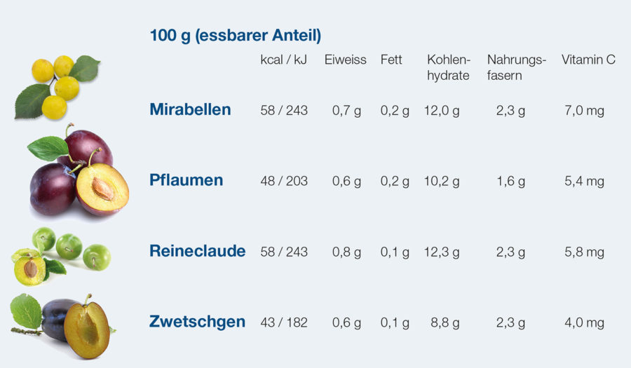 Tabelle der Inhaltestoffe von Zwetschgen